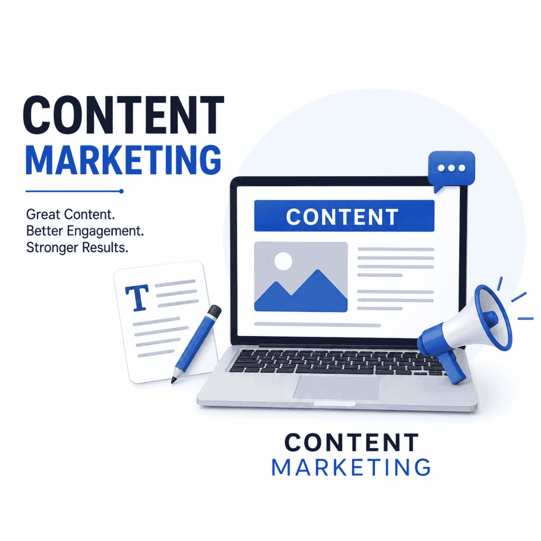 Content marketing strategy illustration with laptop, content document, and megaphone